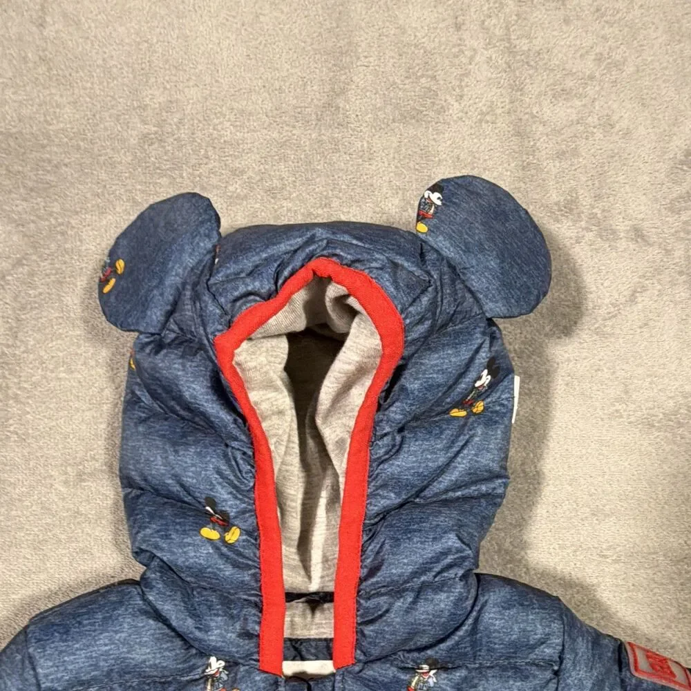 Baby Gap Disney baby Mickey Mouse Hooded Full Zip Puffer Jacket Blue/Red 0-3M.